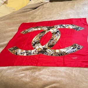 Vintage CHANEL Red Silk Scarf with Multicolor Chain-Print CC